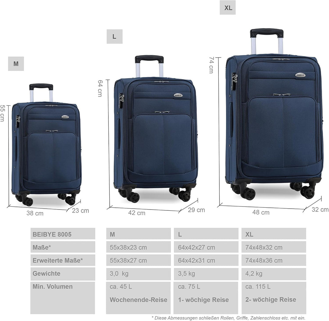 BEIBYE 4 Rollen Reisekoffer 3tlg.Stoffkoffer Handgepäck Kindergepäck Gepäck Koffer Trolley Set-XL-L-