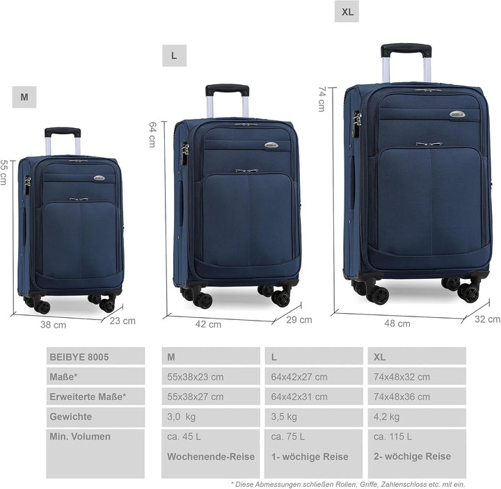 BEIBYE 4 Rollen Reisekoffer 3tlg.Stoffkoffer Handgepäck Kindergepäck Gepäck Koffer Trolley Set-XL-L-