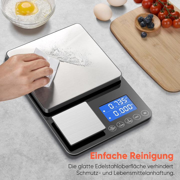 KüChenwaage Digital,Digitale KüChen mit 2 Plattformen 15kg/1g & 500g/0.01g Feinwaage mit 7/6 Einheit