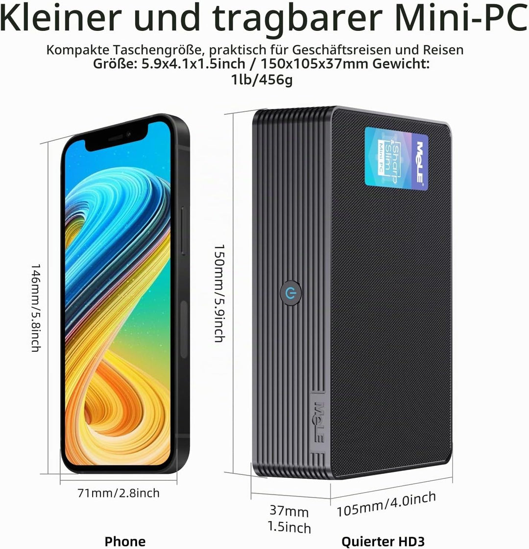 MeLE Mini PC, QuieterHD3 Celeron N5105 16GB 512GB Windows 11 Pro Mikrocomputer, Lüfterloser Kleiner