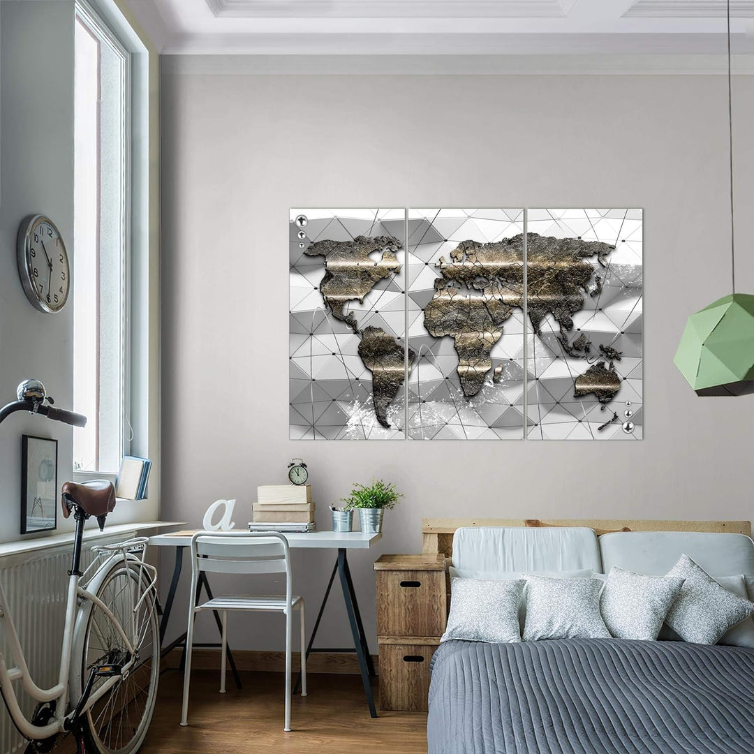 Runa Art Wandbilder Weltkarte Bild XXL Büro Wohnzimmer Grau 3D Effekt 120 x 80 cm 3 Teilig 005231c 1