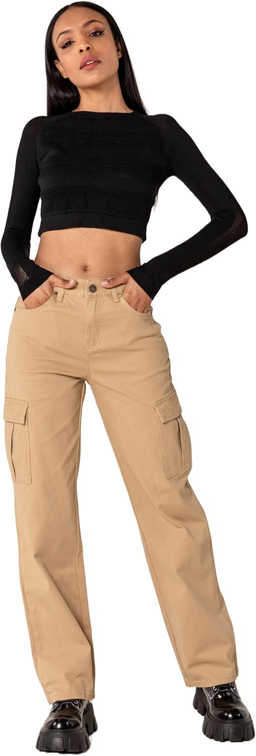 Nina Carter Q1885 Damen Cargo Jeans High Waist Cargohose Stretch Straight Leg Hose S Beige (Q1885),