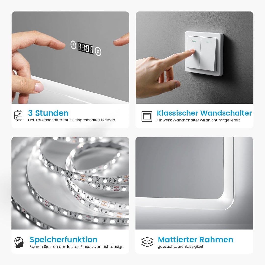 Heilmetz Bluetooth Badspiegel mit Beleuchtung 100x60cm, LED Badezimmerspiegel mit Licht, Uhr, 3 Lich