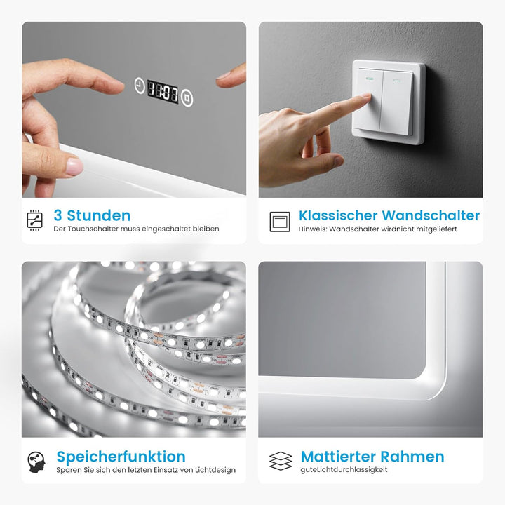 Heilmetz Bluetooth Badspiegel mit Beleuchtung 100x60cm, LED Badezimmerspiegel mit Licht, Uhr, 3 Lich