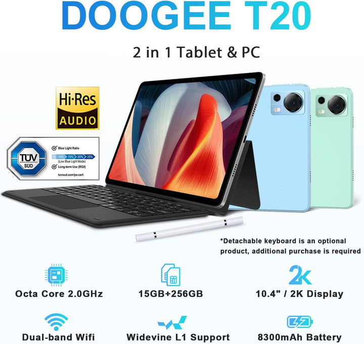DOOGEE T20 Android Tablet 10,4 Zoll, 15 GB + 256 GB/TF 1 TB Tablet PC 4G LTE + 5G WiFi, 16 MP + 8 MP