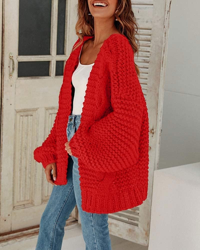 Cicy Bell Damen Strickjacken Cardigan Lose Laternenärmel Elegante Übergrosse Pullover S Rot, S Rot