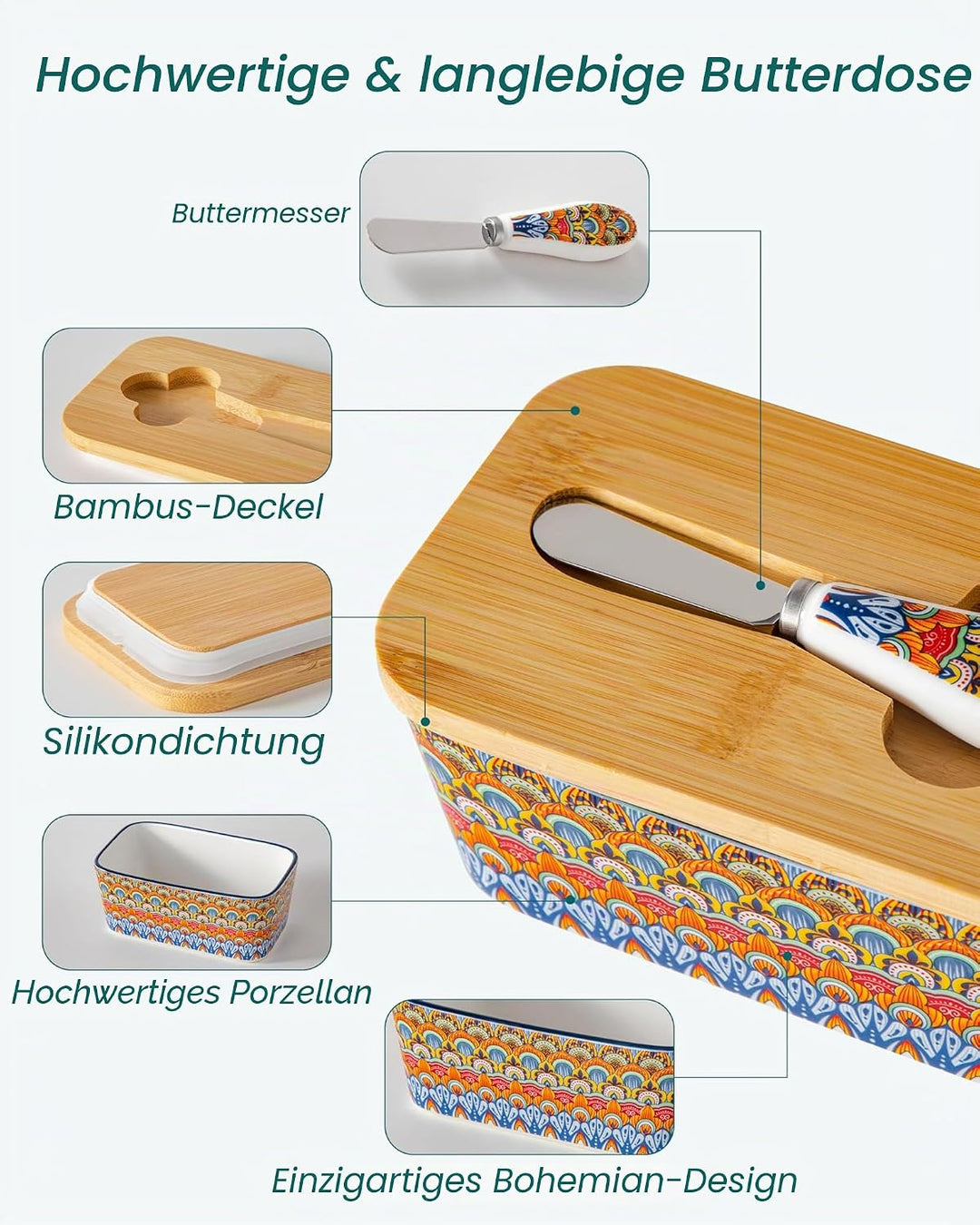 Butterdose Keramik, vancasso SIMI Hochwertige Butterglocke mit Messer und Holzdeckel, Butterdose Por