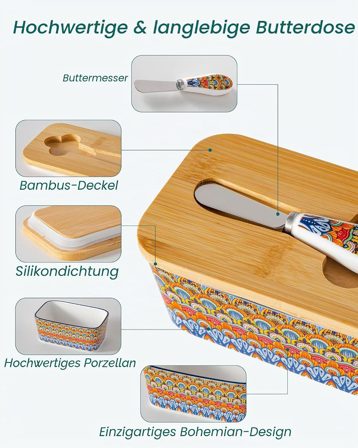Butterdose Keramik, vancasso SIMI Hochwertige Butterglocke mit Messer und Holzdeckel, Butterdose Por