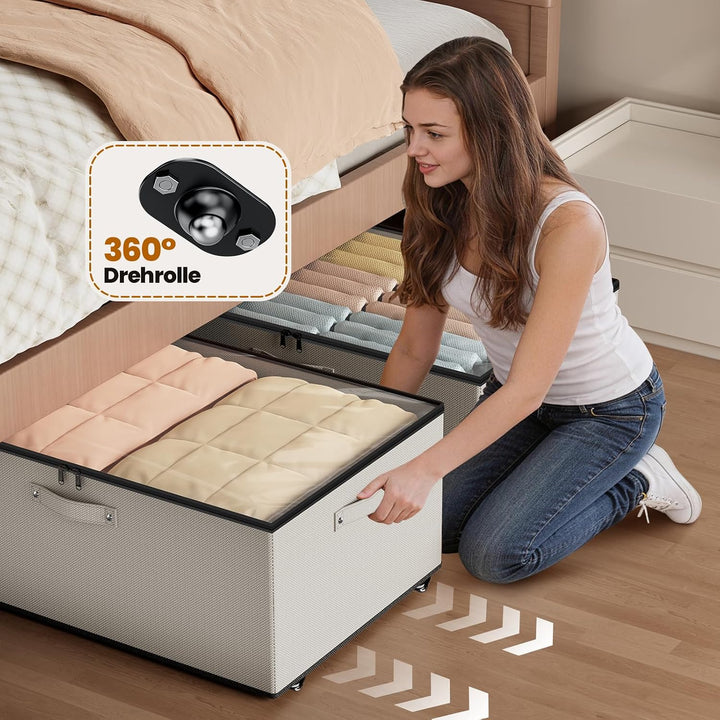 Mavivegue 2er Set Unterbettkommode mit 360° Rollen, Vliesstoff, Grau | 2 Aufbewahrungsboxen. Deckel