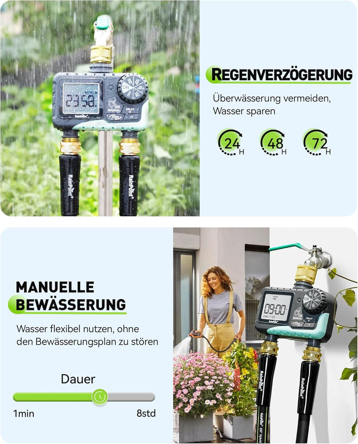 RAINPOINT Bewässerungscomputer 2 ausgängen mit Messingeinlass und -auslass Regenverzögerung/manuelle