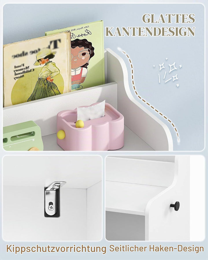 Hzuaneri Kinderregal mit Bücherfach &amp; Rollschubladen 30 x 108 x 80 cm, Weiss | 3 offene Fächer, 3 ro