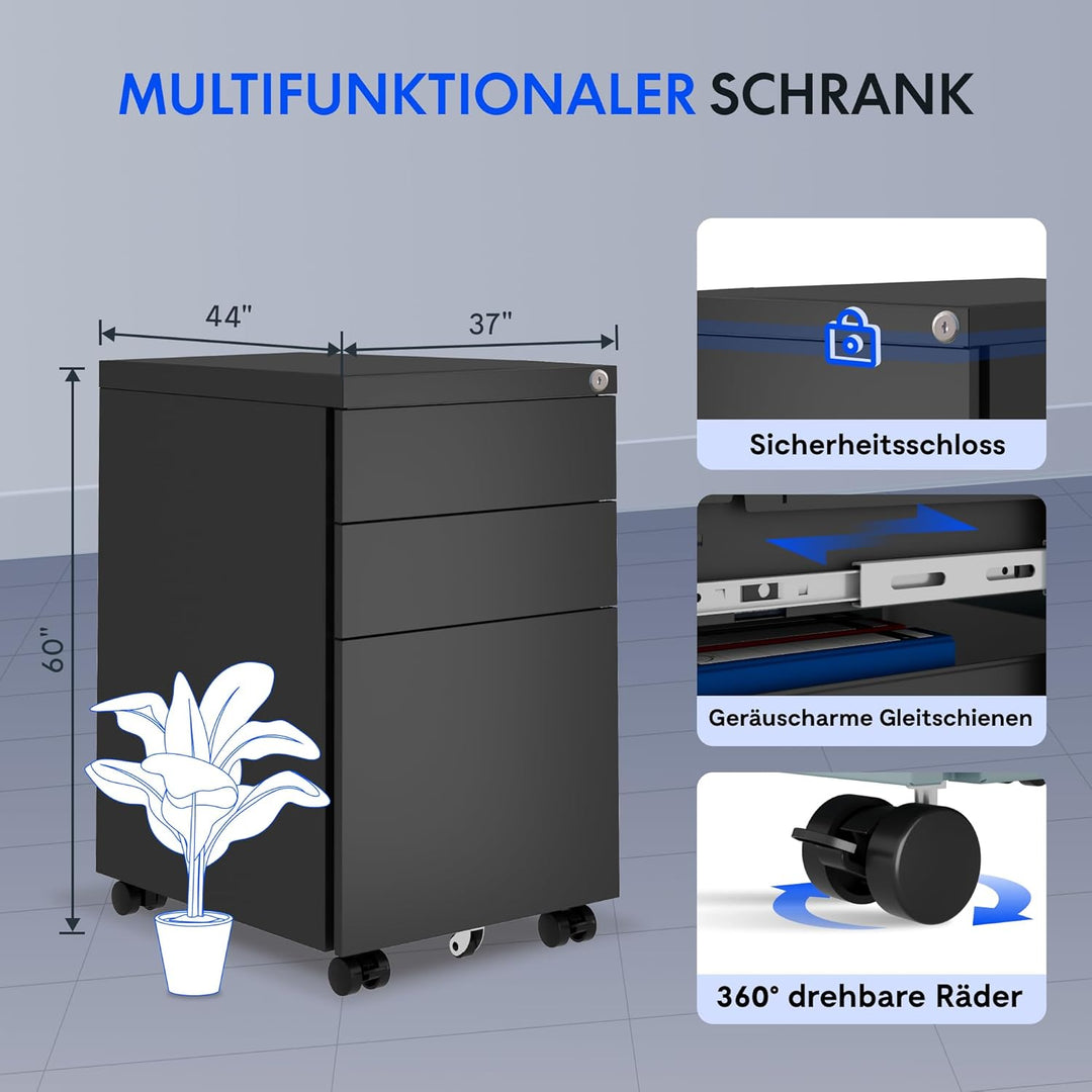 FlexiSpot Rollcontainer mit 3 Schubladen, mobiler Aktenschrank mit Rollen, Schubladenschrank Bürosch