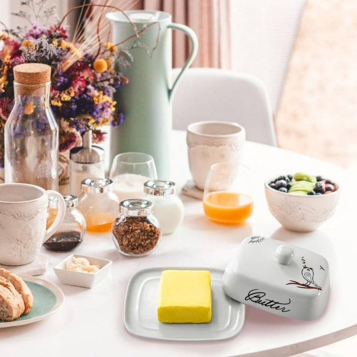 Butterdose mit Griff für 250g Butter, Hochwertige Keramik, Weiss mit Farbigem Vogelmuster, Porzellan