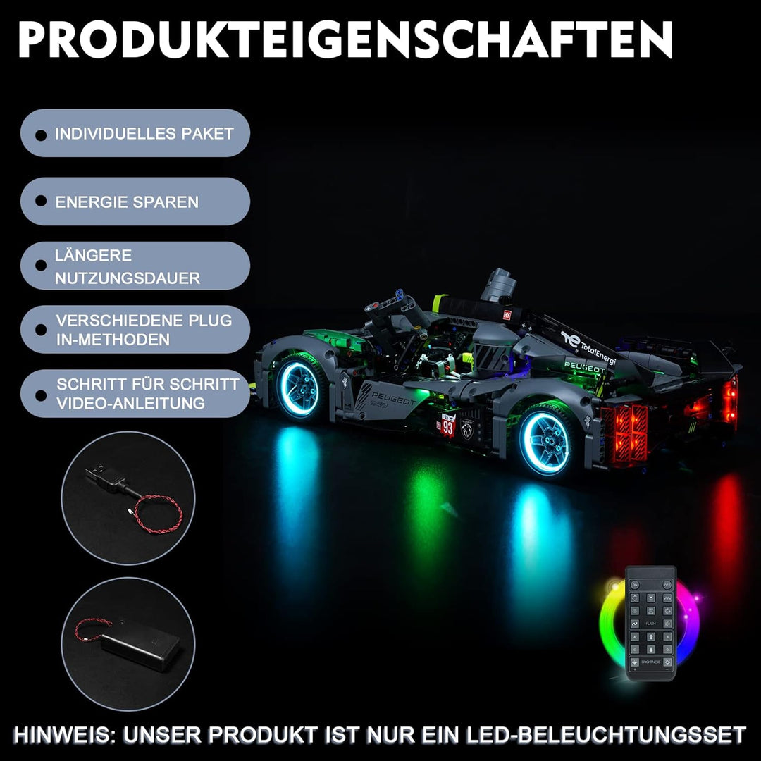Fernbedienung Licht-Kit für Lego Technic Peugeot 9X8 24H Le Mans Hybrid Hypercar 42156 Rennwagen-Bau