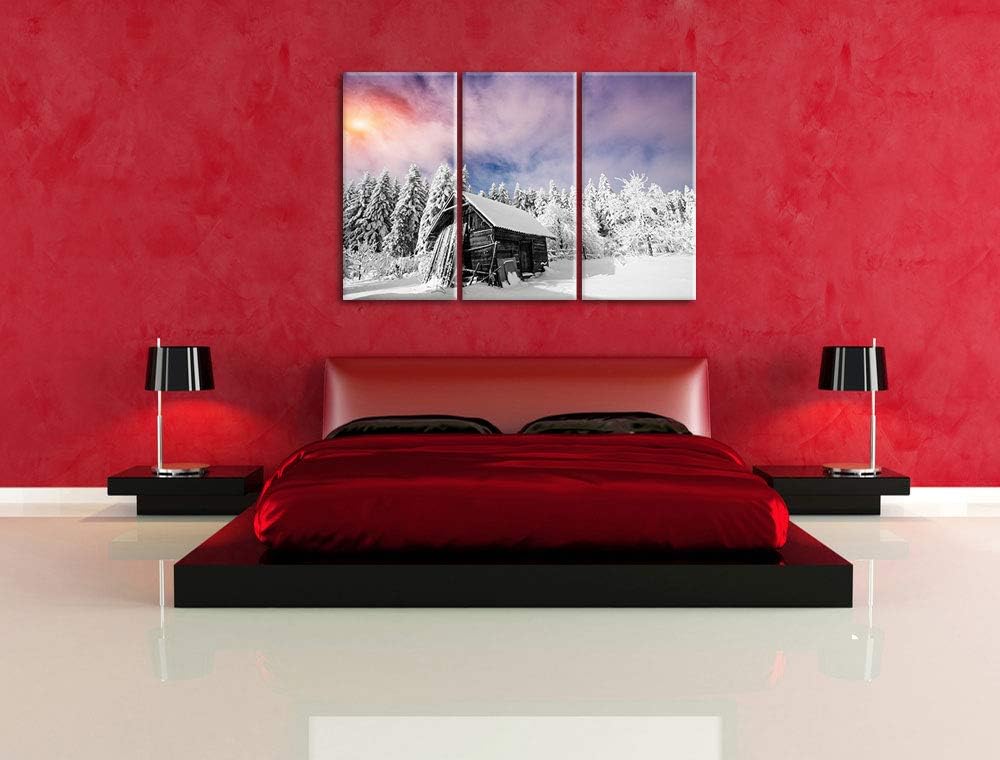 Einsame gemütliche Holzhütte im Schnee schwarz/weiss 3-Teiler Leinwandbild 120x80 Bild auf Leinwand,