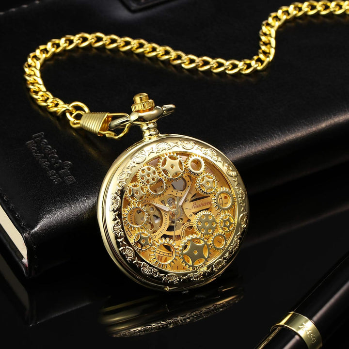 TREEWETO Unisex Taschenuhr mit Kette Analog Handaufzug Antik Zahnrad verziert Römische Gold