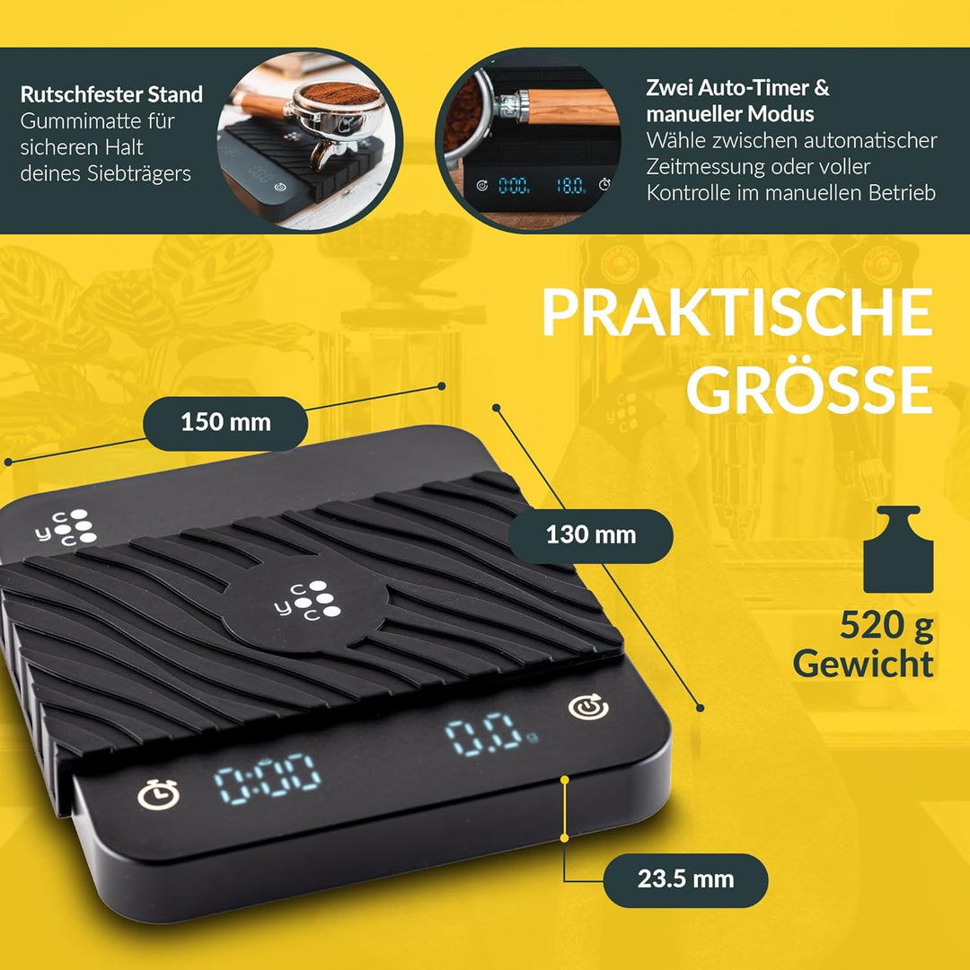COYOOCO Kaffeewaage mit Timer - 0,1 g Präzision bis 2 kg - spritzwassergeschützte Espresso Waage für