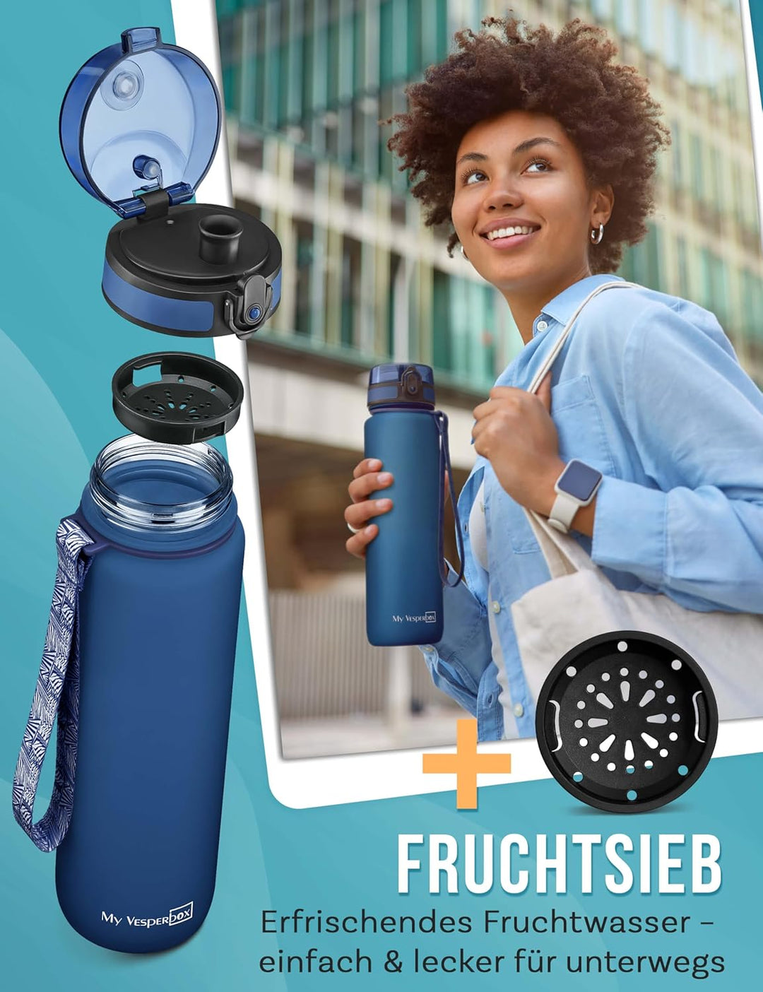 My Vesperbox® Trinkflasche Kinder [1000ML] - Wasserflasche Kohlensäure Geeignet & Auslaufsicher - Wa