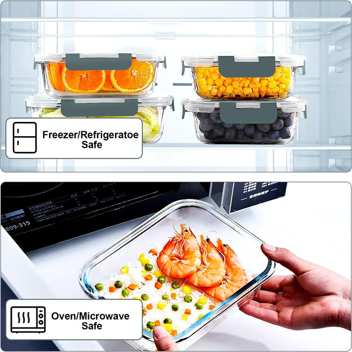 VERONES 10 Stück Glas Crisper Set, luftdichte Glas-Lunchbehälter, Abgedichtete & stapelbare Glasbehä