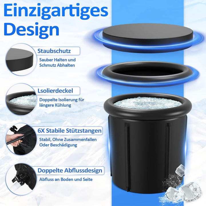 Eisbad Tonne 80 cm, Faltbare Badewanne 390L mit Abdeckung, Eisbaden zu Hause, Kältetherapie Set mit