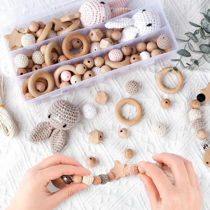 ARTREE Holzperlen und Ringe Set, 113 Stück Buche Runde Holzperlen mit Fädelloch, Makramee Perlen DIY