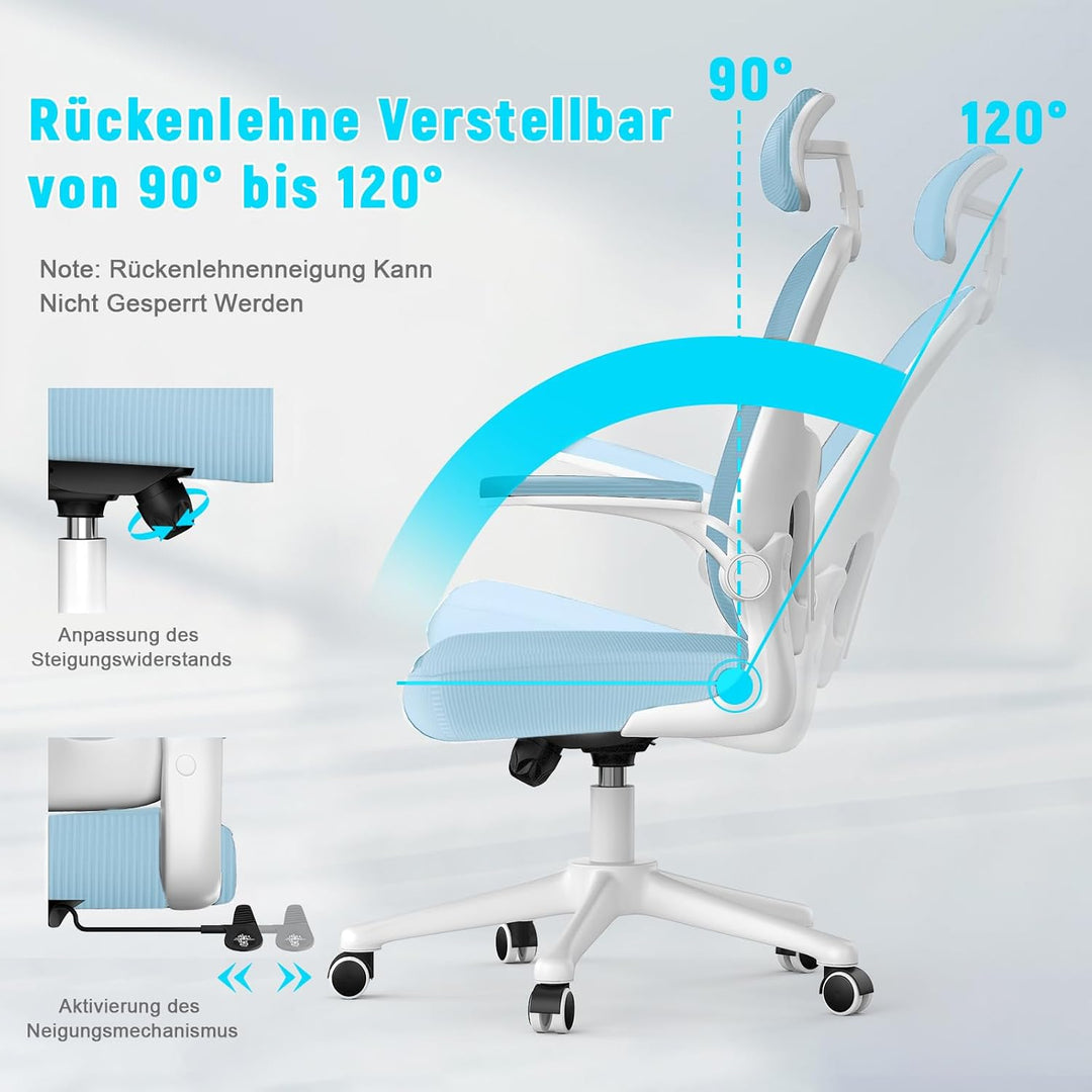 rattantree Ergonomischer Bürostuhl, Schreibtischstuhl mit Verstellbarer Kopfstütze, Armlehnen und Le