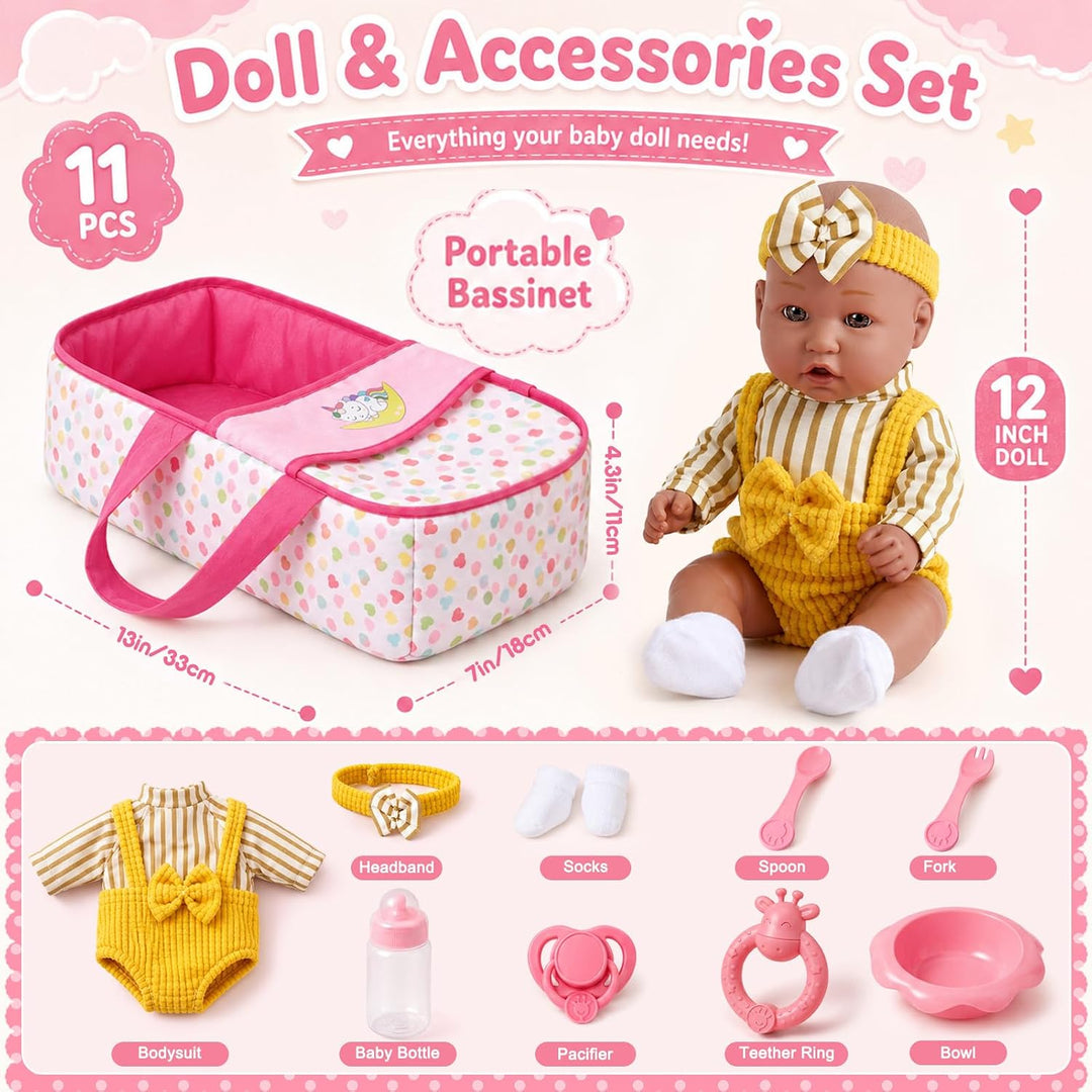 vamei Puppenzubehör mit 30 cm Baby Puppe, Geschenk Mädchen ab 3 Jahre | Puppen Zubehör Set mit Tragb