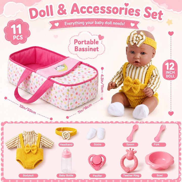 vamei Puppenzubehör mit 30 cm Baby Puppe, Geschenk Mädchen ab 3 Jahre | Puppen Zubehör Set mit Tragb