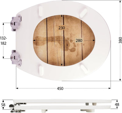 'aquaSu® WC-Sitz mit Absenkautomatik, Holz Dekor Foot Print, High Gloss, Toilettensitz mit Holz-Kern