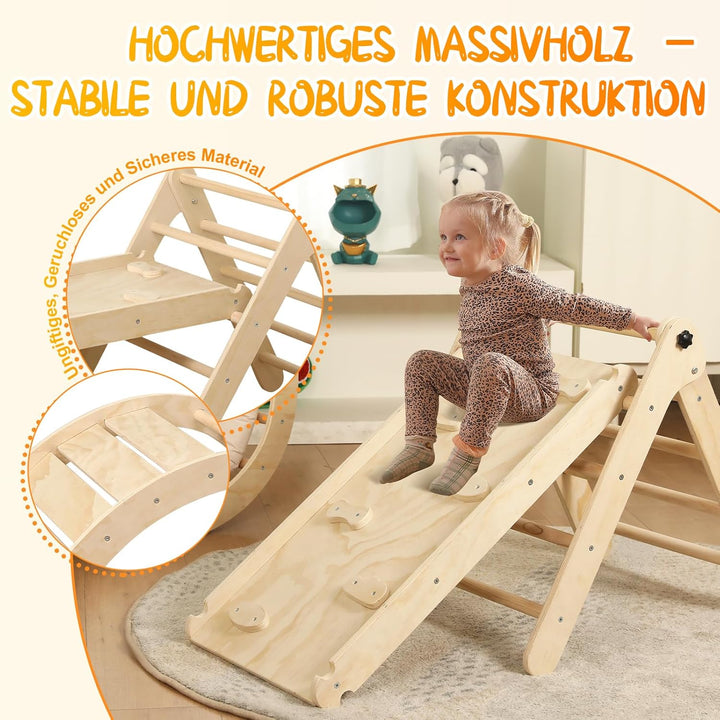 7-in-1 Montessori Kletterdreieck Set mit Rutsche, Kletterbogen & weichem Kissen – Holz Klettergerüst