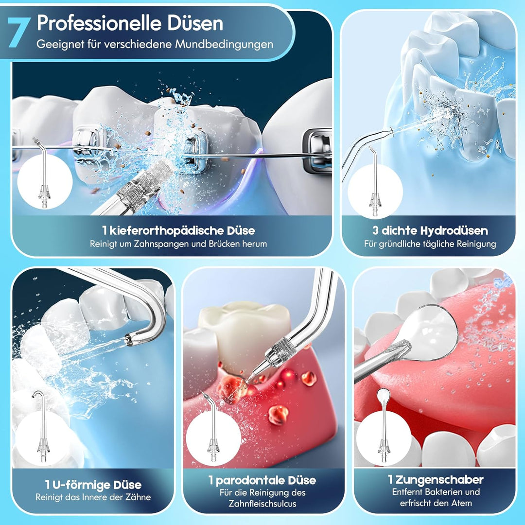 Munddusche Kabellos, Water Flosser for Teeth Mit 4 Modi & 8 Stufen 7 Düsen 300ML Tank Munddusche für