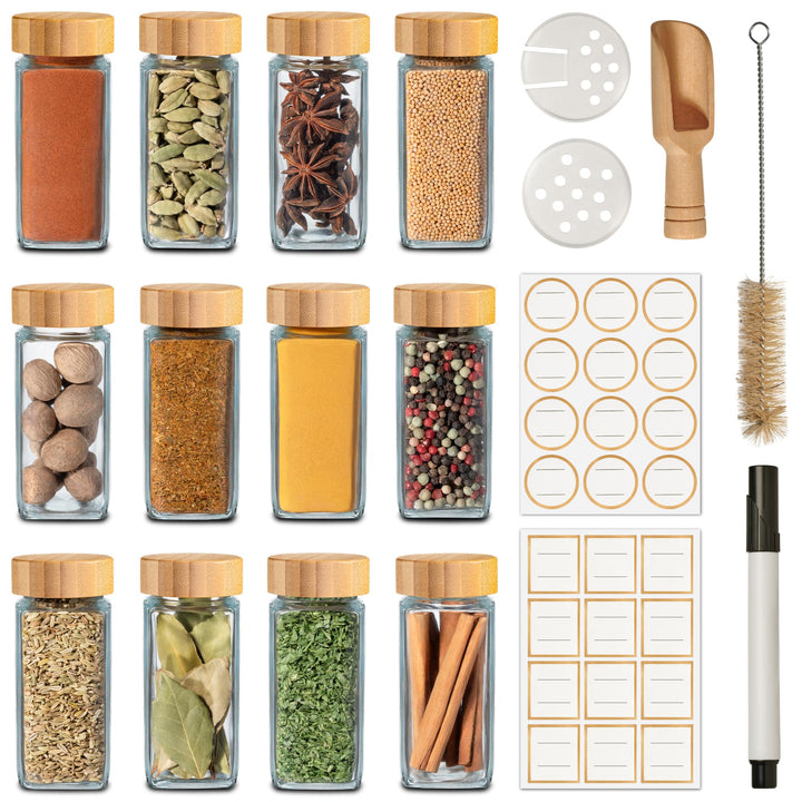Praknu Gewürzgläser Eckig mit Bambusdeckel - 12er Set - Gewürz Organizer - Mit Streueinsatz - Gewürz