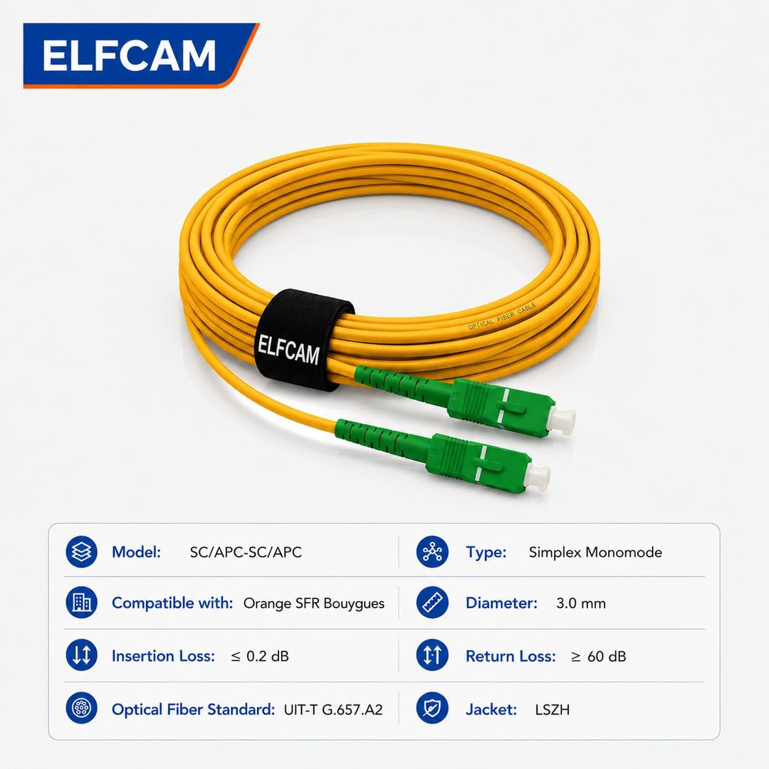 Elfcam® - 100m Glasfaserkabel SC/APC auf SC/APC Simplex Singlemode 9/125, Kompatibel mit Glasfaser b