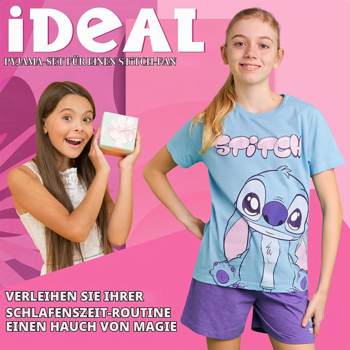Disney Stitch Schlafanzug Mädchen Kurz, Pyjama T-Shirt &amp; Shorts - Stitch Sachen 6-7 Jahre Blau/Lila
