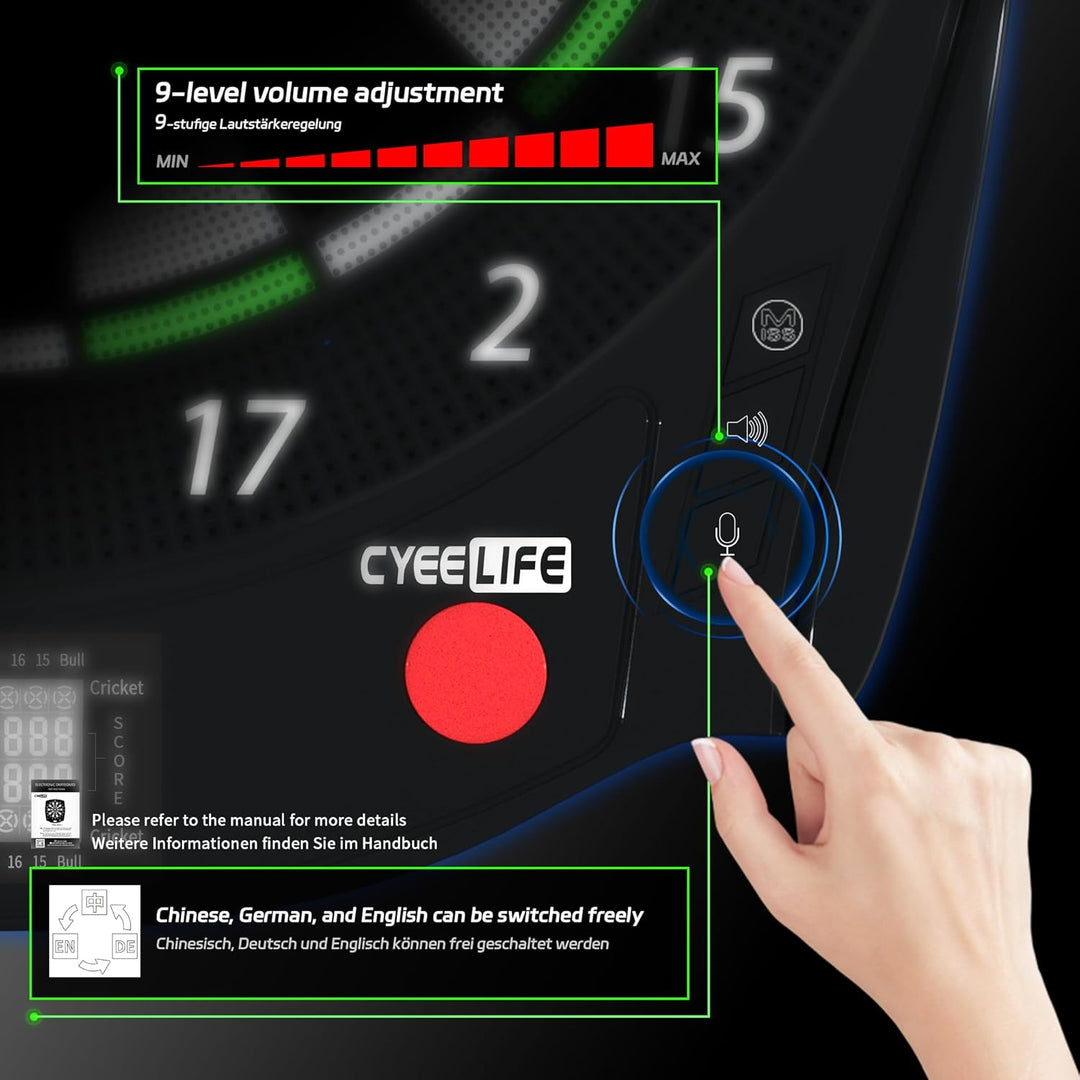 CyeeLife Elektronisch Dartscheibe mit 12 Dartpfeile Set und Zubehör,Batterie/Adapter/deutsch-English