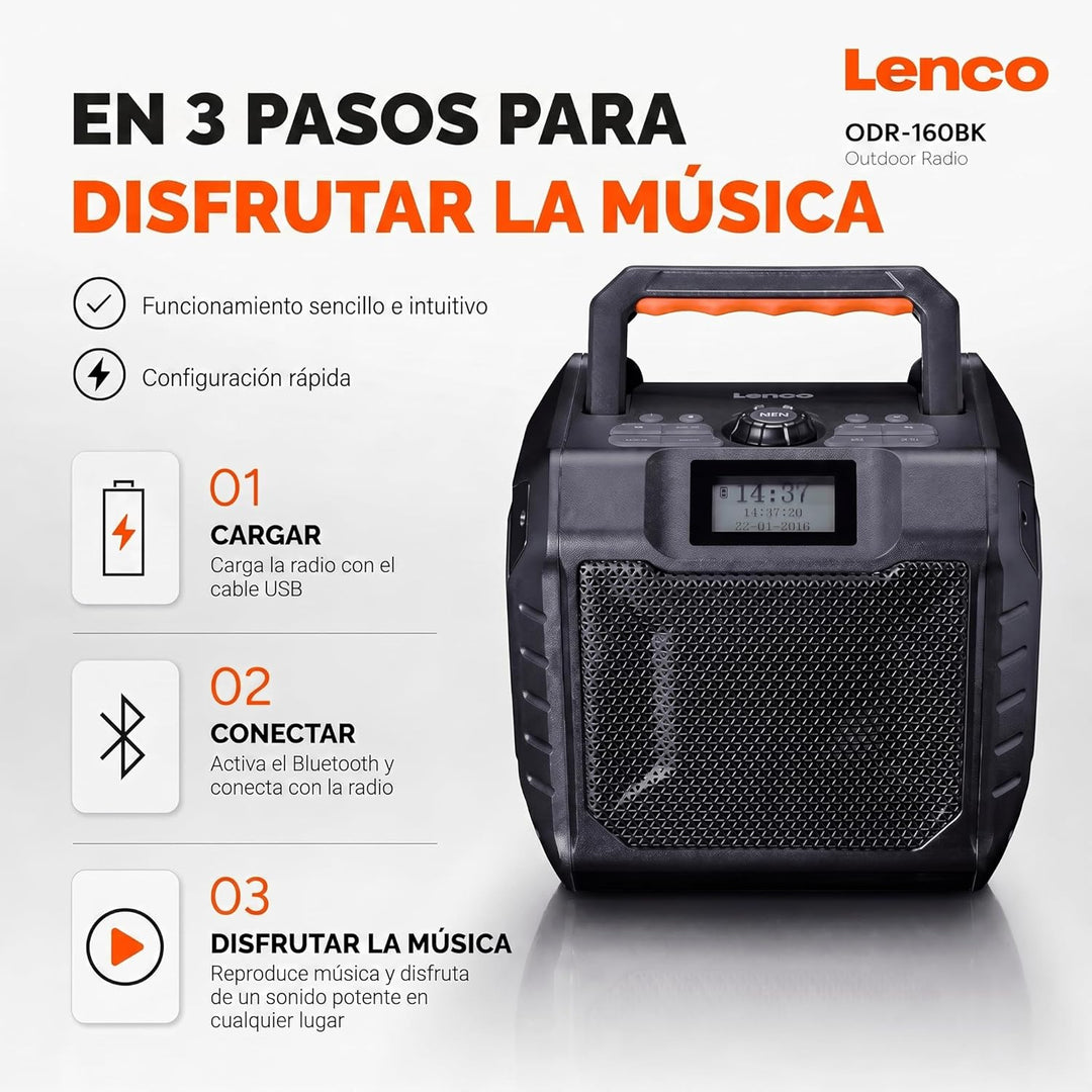 Lenco ODR-160BK Outdoor-Radio - DAB+/FM-Radio, Bluetooth-Lautsprecher, stossfest & wasserdicht, SD-K