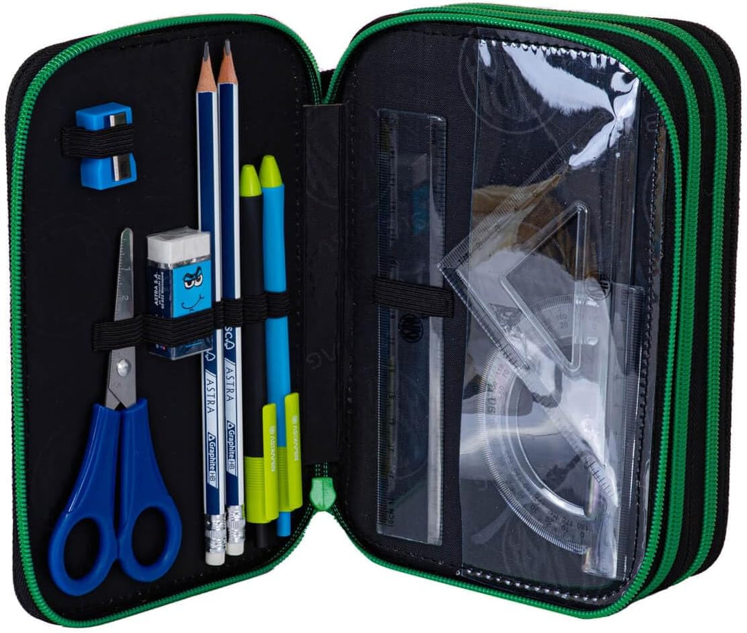 ASTRABAG Pixel Hero 3-Fach Mäppchen Federmappe Gefüllt dreifaches Federmäppchen, Schüleretui 3-stöck