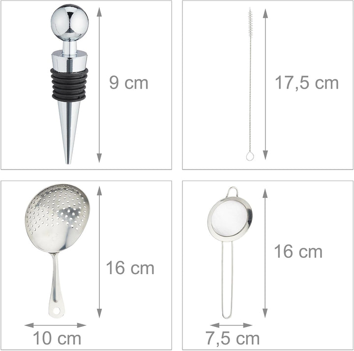 Relaxdays Cocktail Set, 16-TLG. Barset mit Ständer, Shaker, Barmass, Barlöffel, Zange, Edelstahl & B