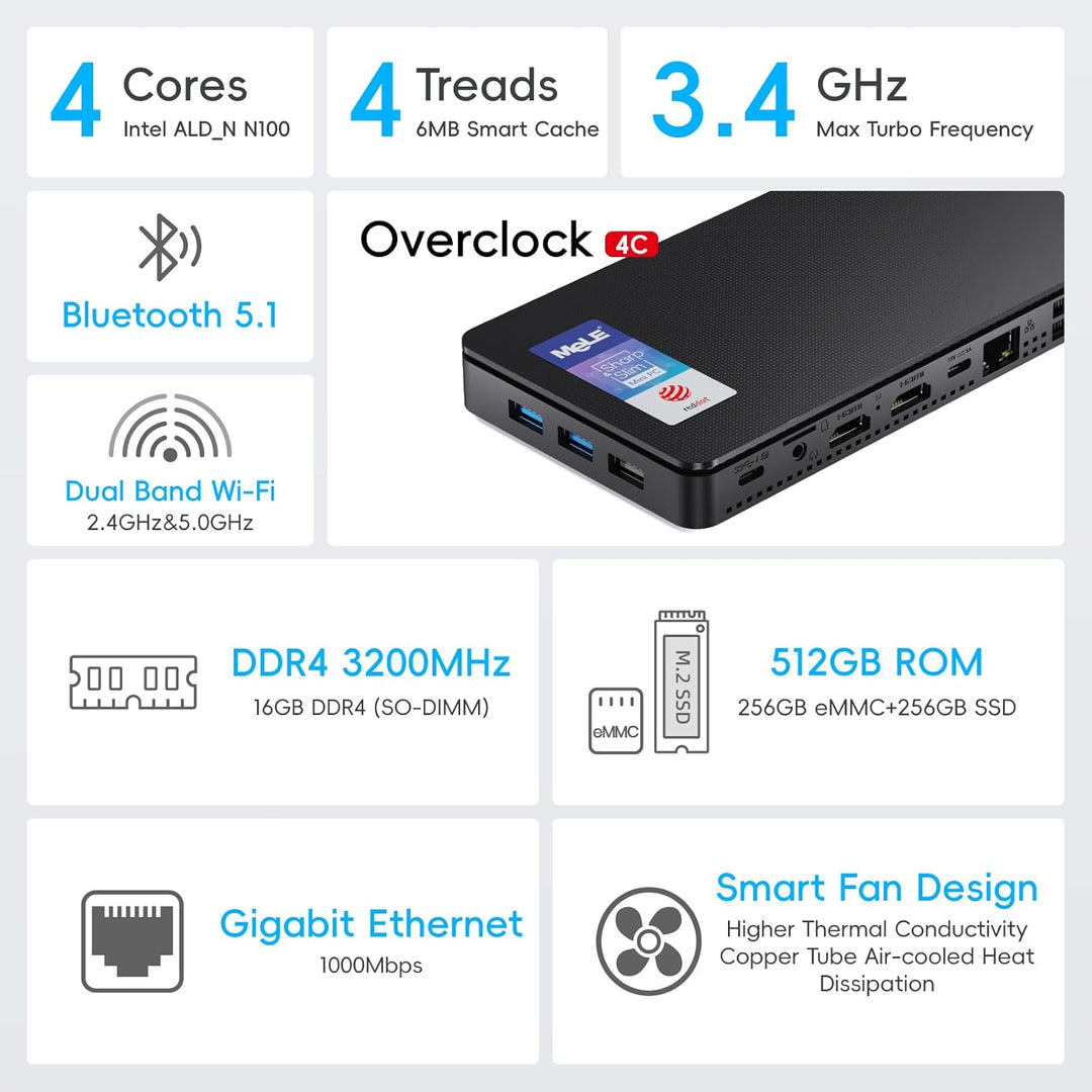 MeLE Mini-PC Overclock4C, Reddot-Gewinner 2024, Win 11 Pro N100 32GB 512GB, 4K-HDMI-Anzeige, USB-C P