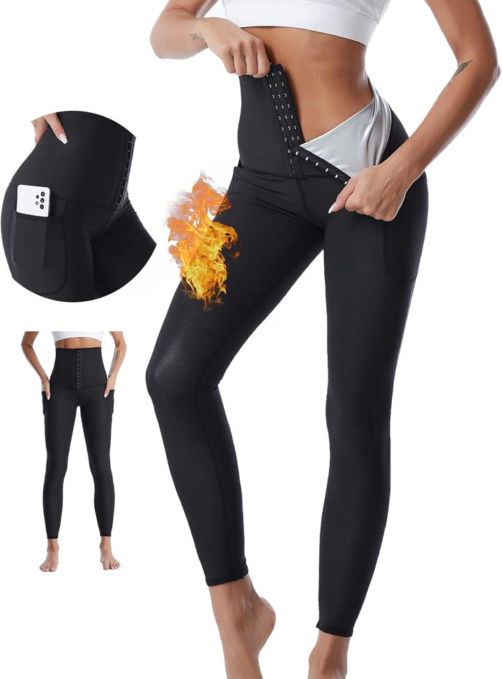 Merlvida Schwitzhose zum Abnehmen Sauna Leggings Damen High Waist Sportleggins mit Taschen Hot Therm