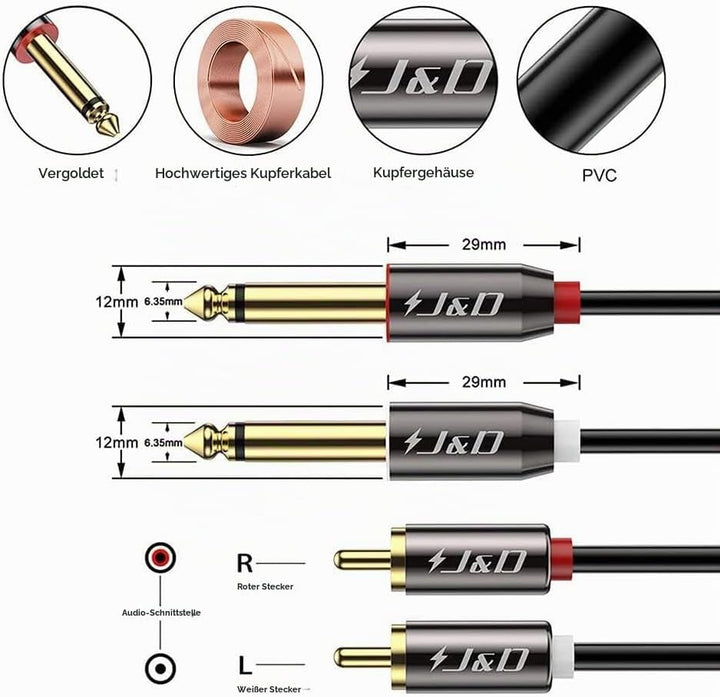 J&amp;D Cinch auf 6,3mm Klinke Kabel 6m, Cinch Kabel Gold-Plated Kupfer Shell Heavy Duty 2 Cinch Männlic