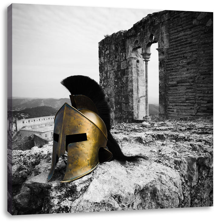 Pixxprint Alter Helm Einer Rüstung vor Ruine schwarz/weiss, Format: 70x70 auf Leinwand, 70x70