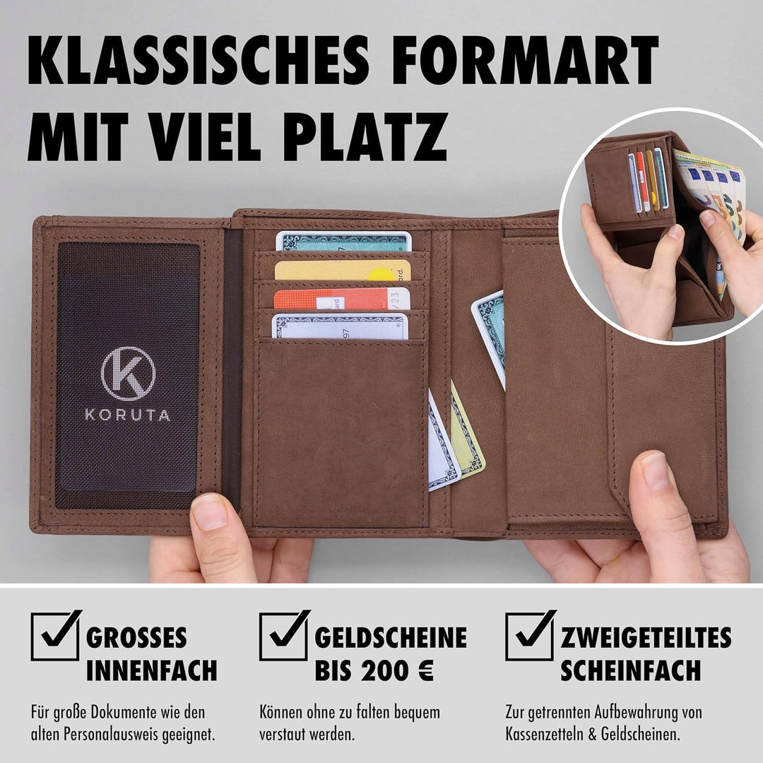 KORUTA Leder Geldbörse Herren mit RFID Schutz I Portemonnaie Gross mit Münzfach I 13 Fächer I Echtle