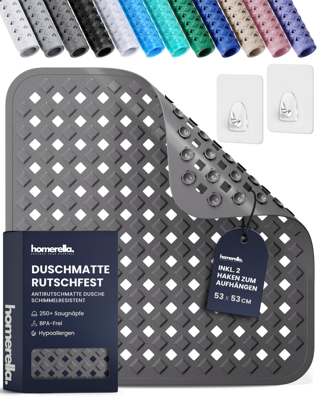 Homerella® Duschmatte rutschfest - 100% BPA frei - Inkl. 2 Haken zum Aufhängen 53x53cm - Antirutschm