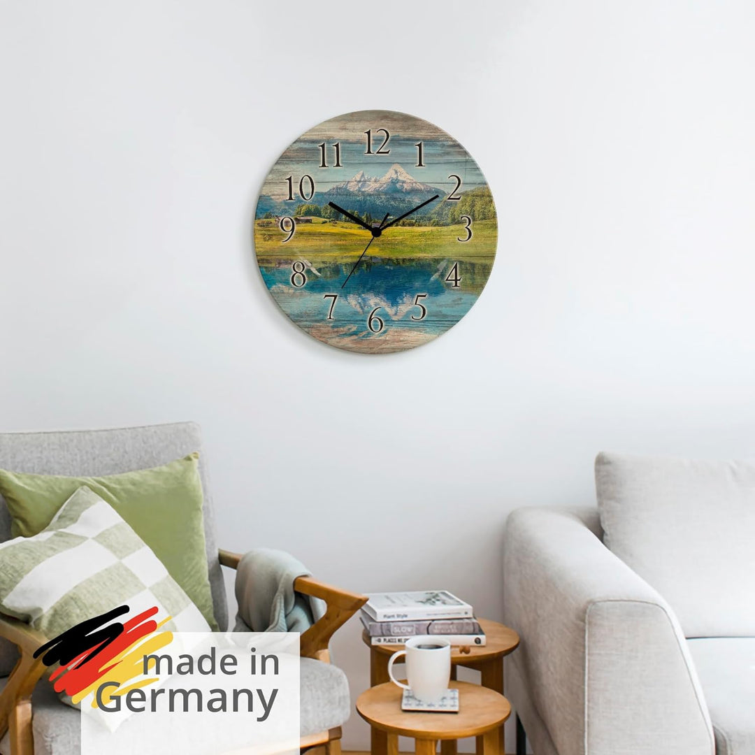 ARTLAND Wanddeko Wanduhr ohne Tickgeräusche aus Holz Funkuhr lautlos rund Ø 30 cm Landschaft in den