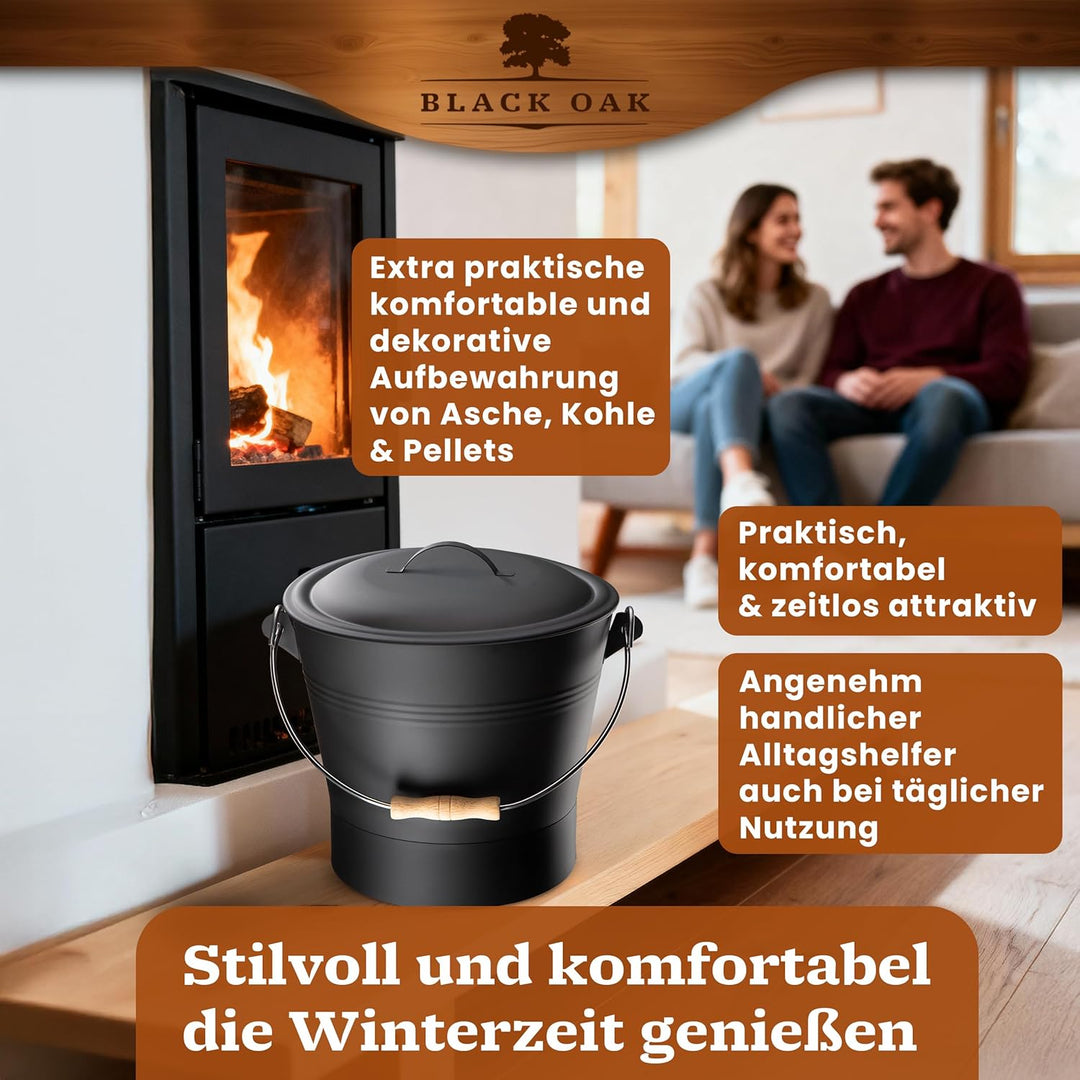 BLACK OAK Ascheeimer LANIN 8L - Asche-Eimer schwarz mit Deckel & Holz-Griff HELL + Feger + Schaufel