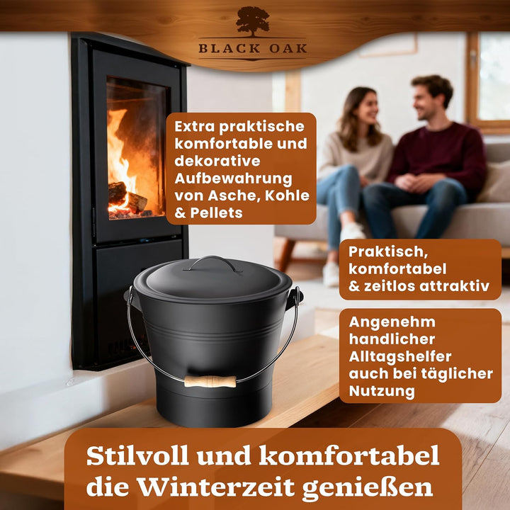 BLACK OAK Ascheeimer LANIN 8L - Asche-Eimer schwarz mit Deckel & Holz-Griff HELL + Feger + Schaufel