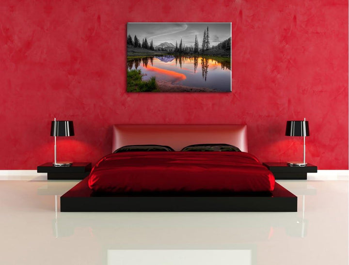 Sonnenaufgang an kleinem Bergsee schwarz/weiss Format: 100x70 auf Leinwand, XXL riesige Bilder ferti