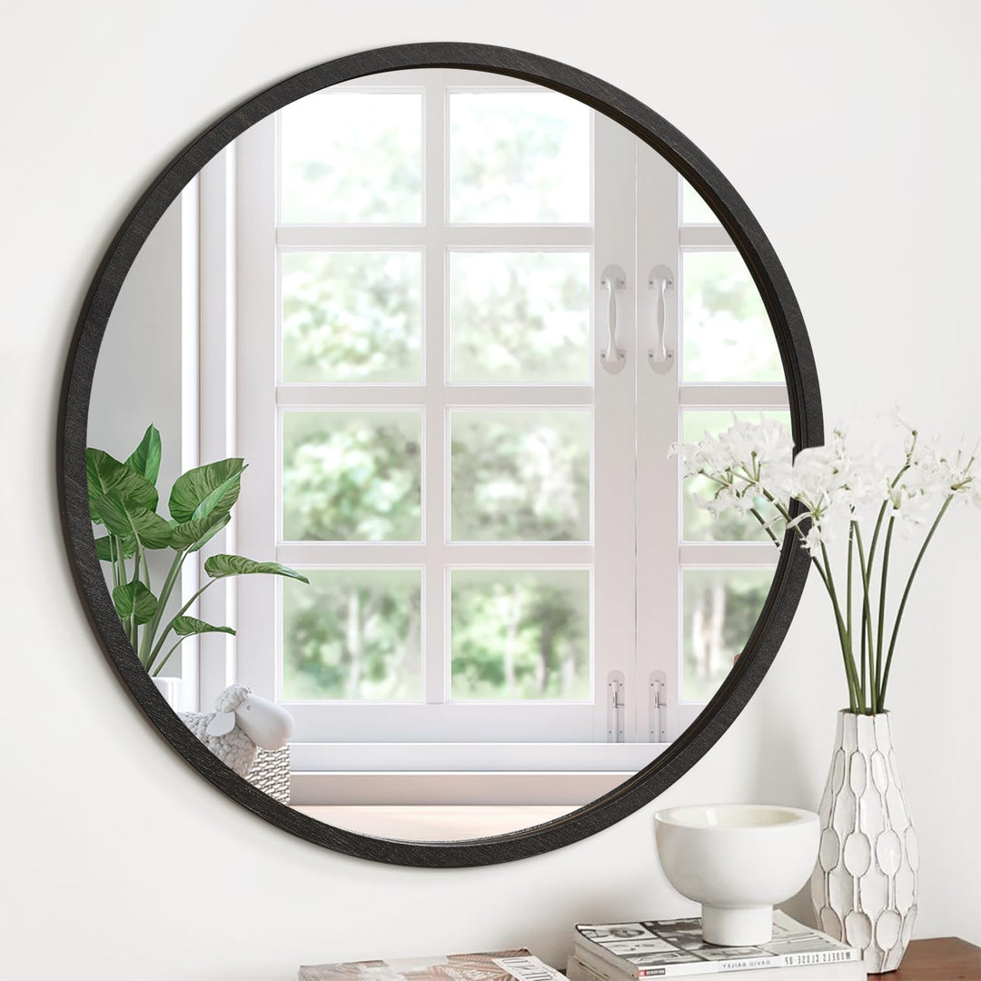 JJUUYOU Spiegel mit Holzrahmen, kreisförmig, Wandmontage, für Badezimmer, Schlafzimmer, Wohnzimmer,