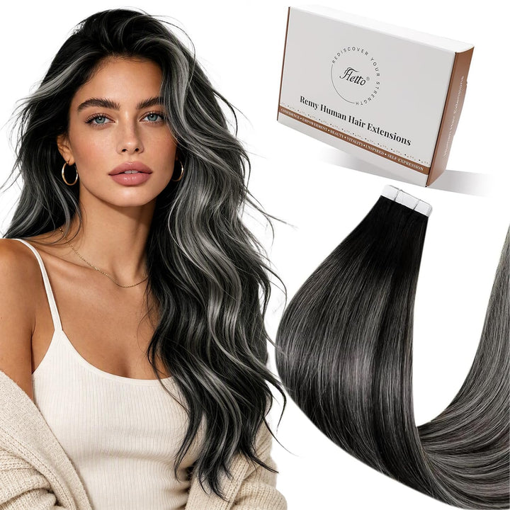 Hetto Tape in Extensions Echthaar Balayage Tape in Echthaar Extensions Schwarz Mit Grey Tape in Exte